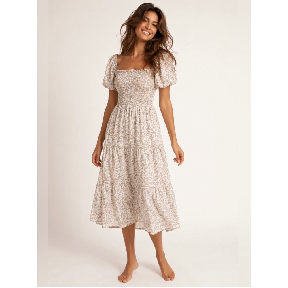 Gap Beige Floral Smocked Midi Dress Cottagecore Romantic Feminine L Cotton Boho